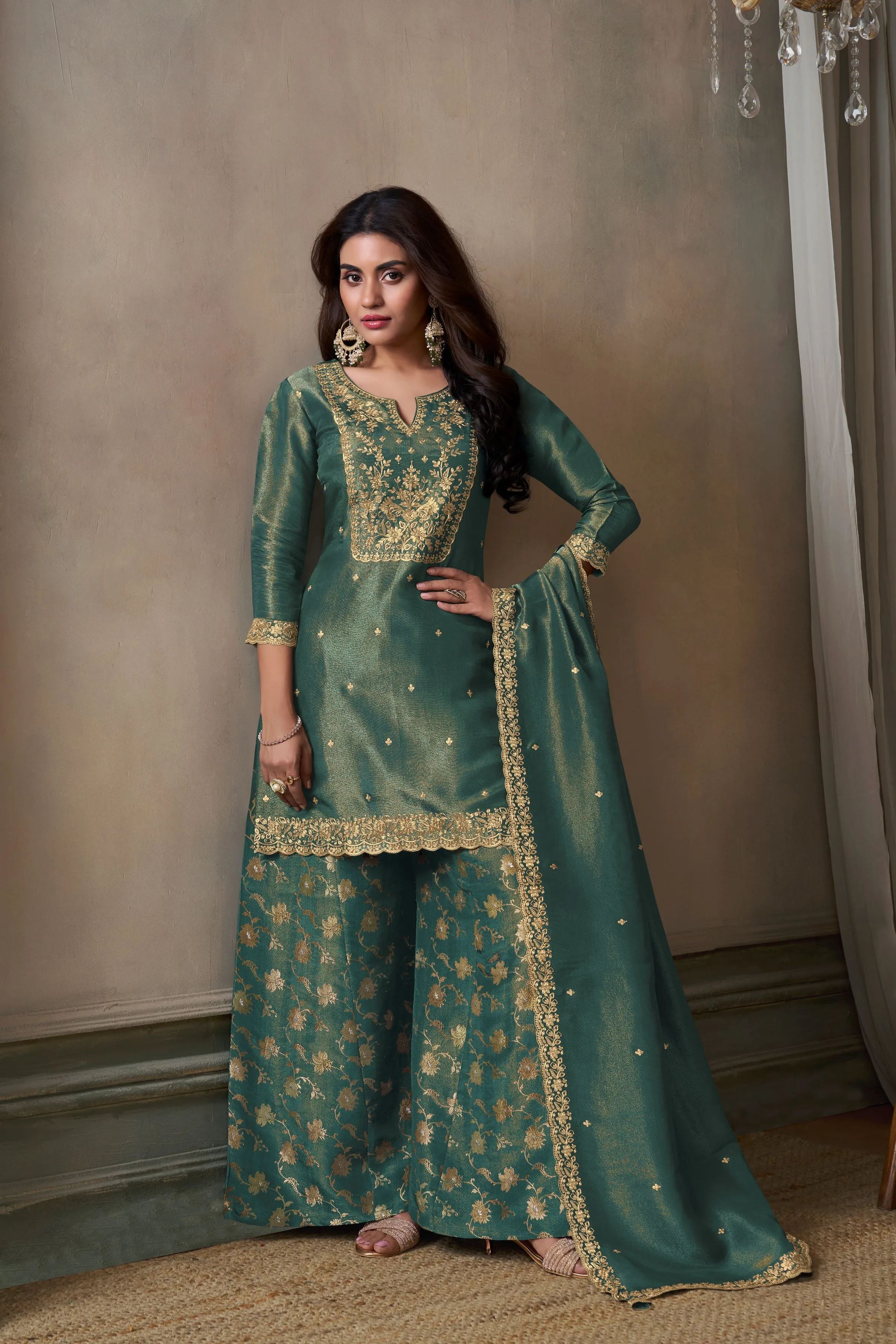 Teal Green Banarasi Tissue Silk Palazzo Set