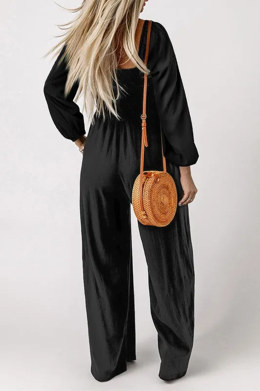 TEEK - Black Long Sleeve Square Neck Smocked Jumpsuit