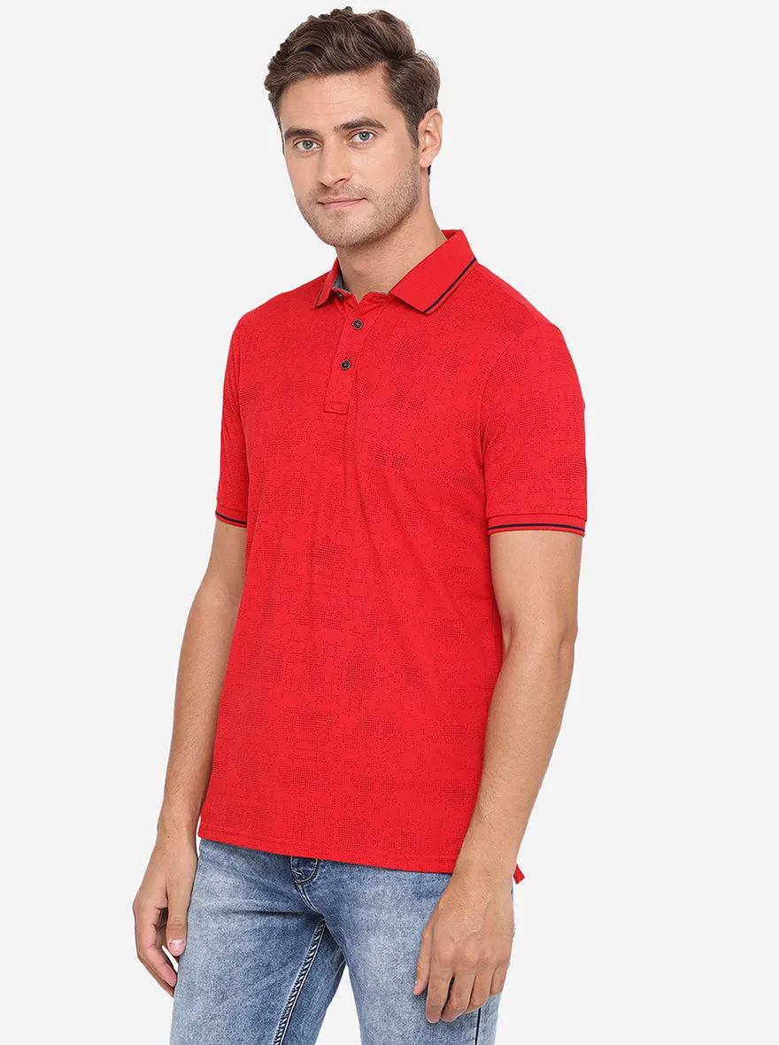 Tomato Red Printed Slim Fit Polo T-Shirt | JadeBlue