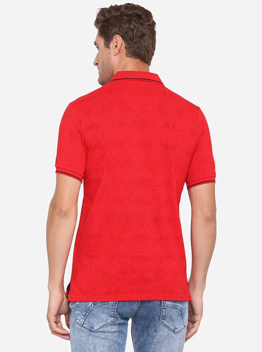 Tomato Red Printed Slim Fit Polo T-Shirt | JadeBlue