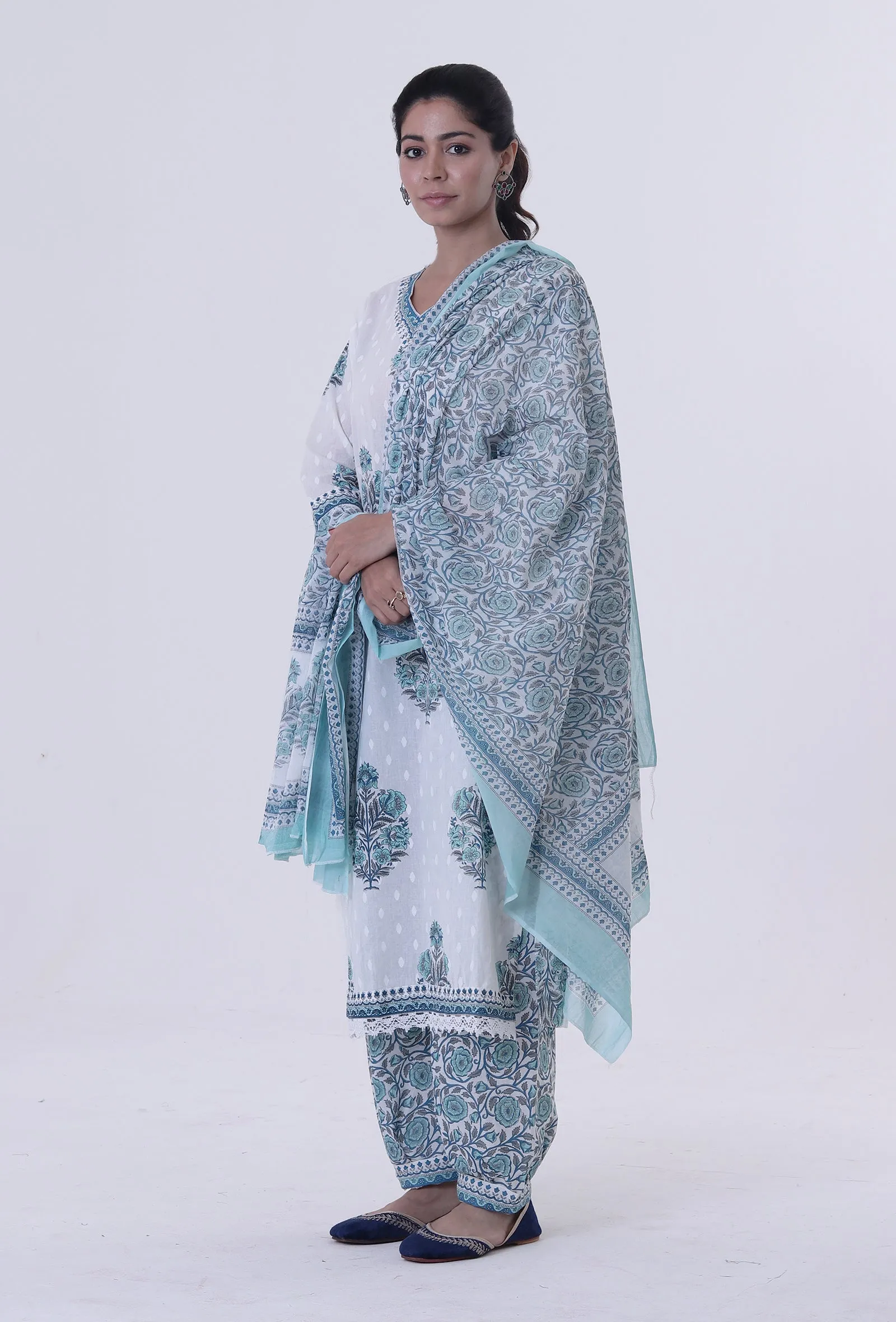 White Cotton Dupatta With Blue Motif