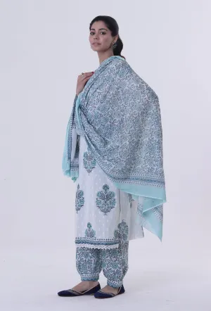 White Cotton Dupatta With Blue Motif