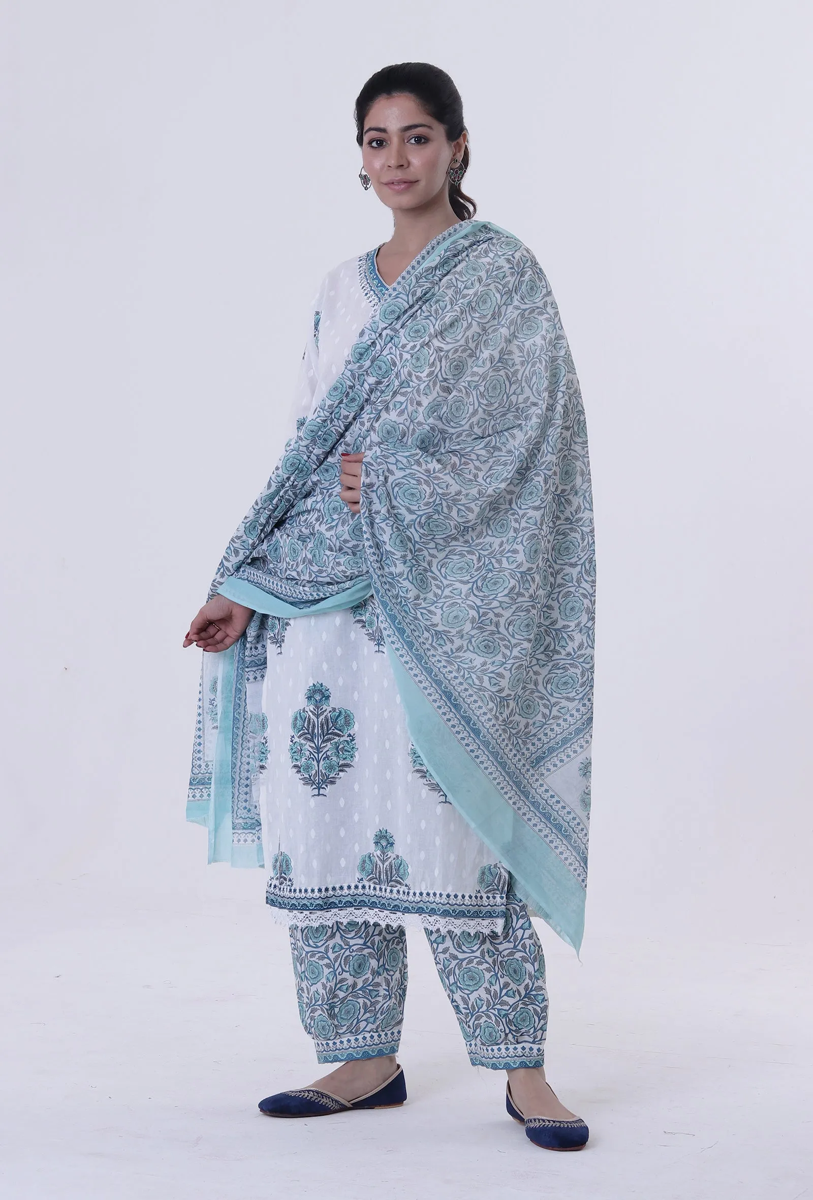 White Cotton Dupatta With Blue Motif