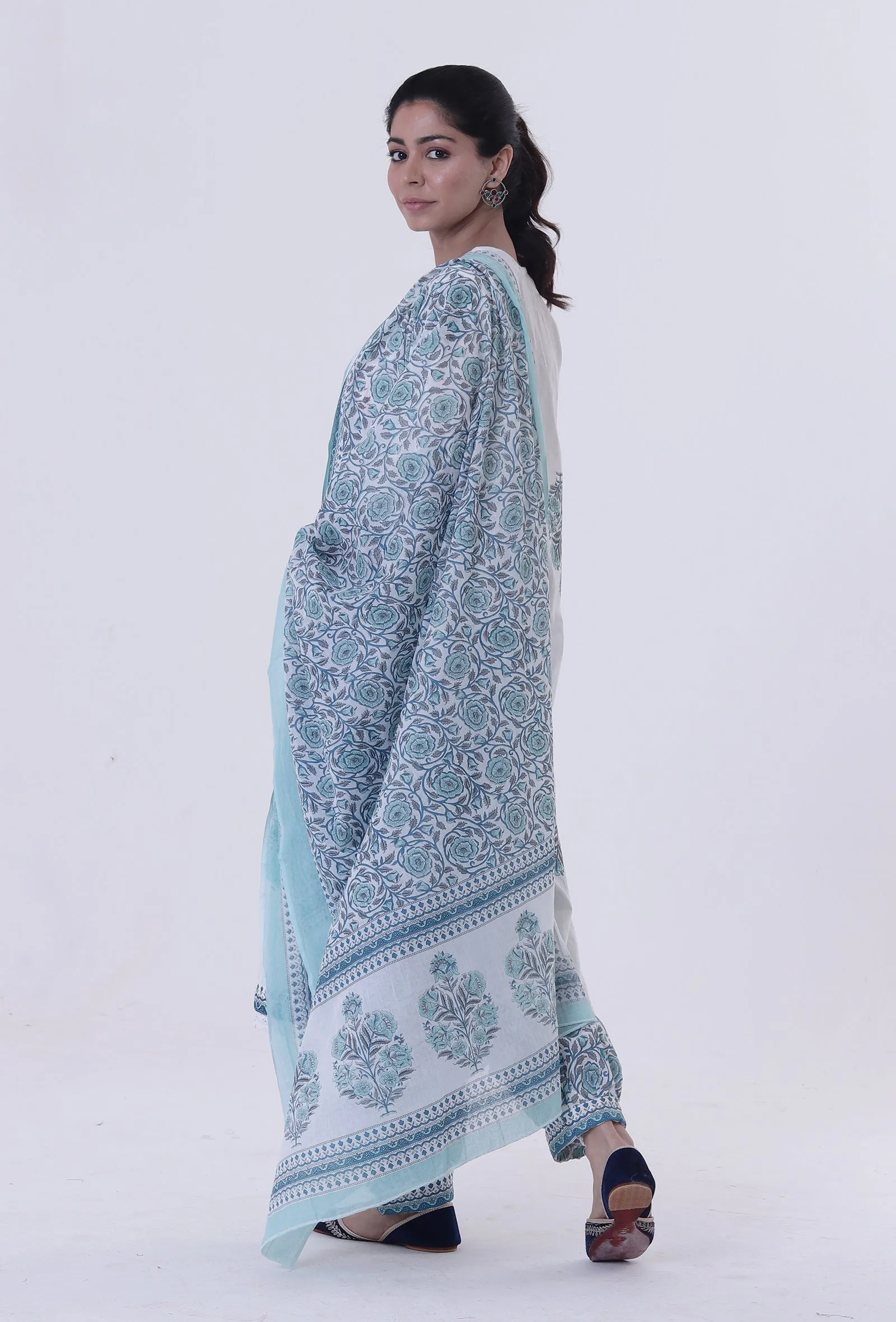 White Cotton Dupatta With Blue Motif