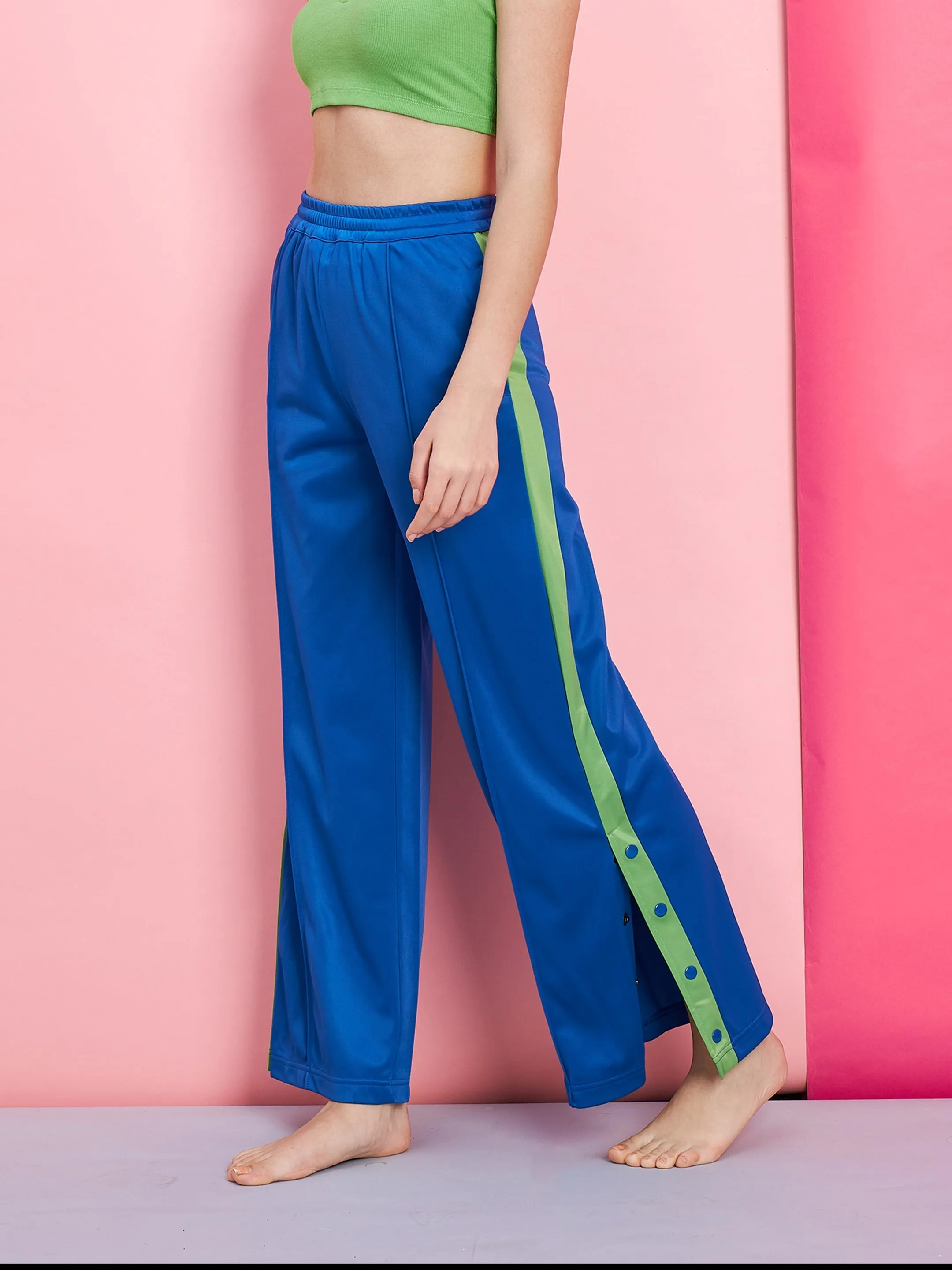 Women Blue Side Button Track Pants