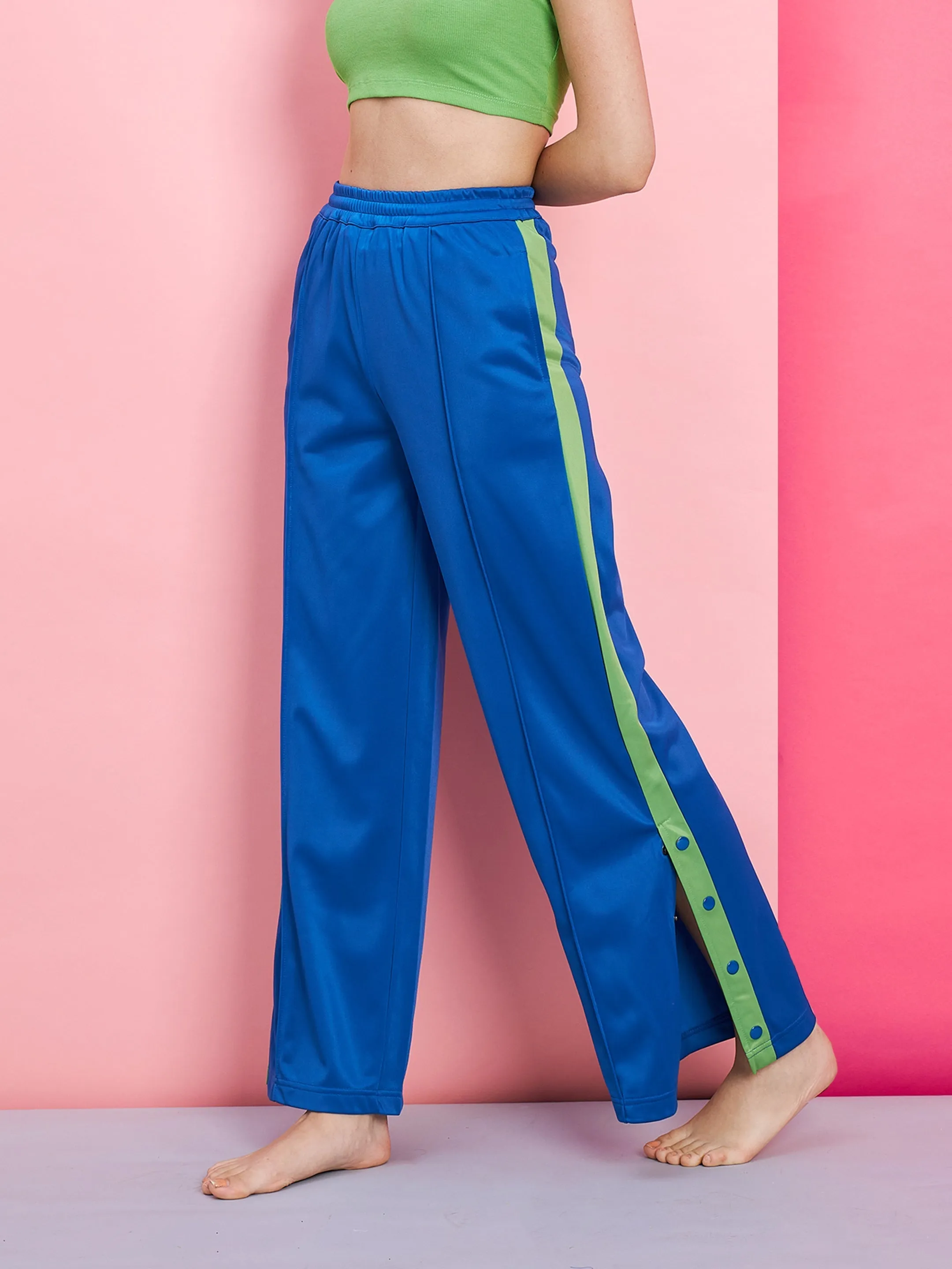 Women Blue Side Button Track Pants