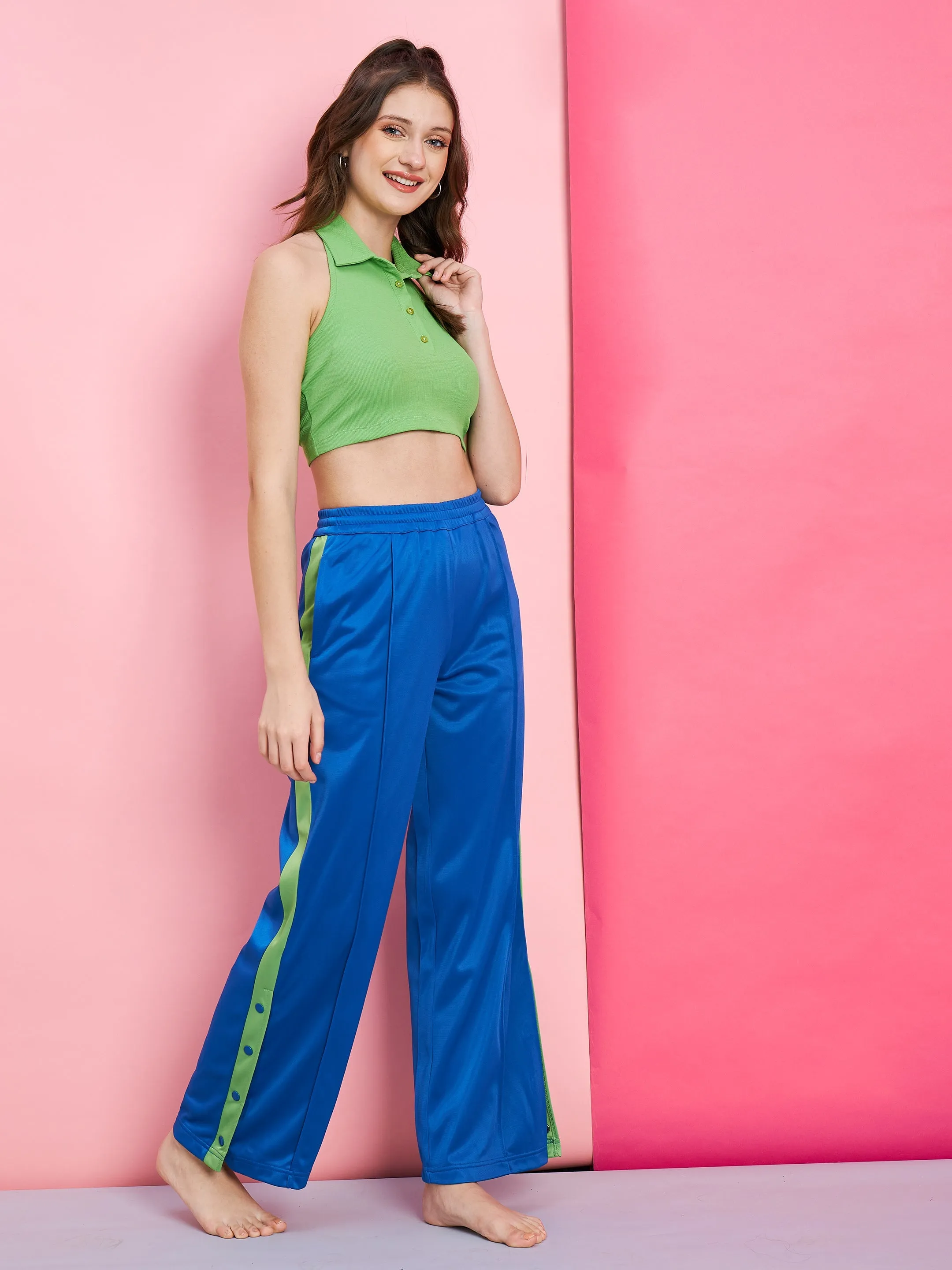 Women Blue Side Button Track Pants