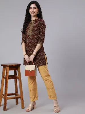 Women Brown Ethnic Printed Straight Tunic With Three Quarter Sleeves