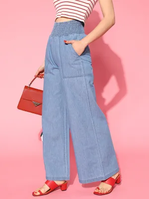 Women Ice Blue Denim Smocking Waist Flared Pants