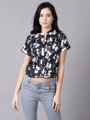 Women Navy Blue Casual Printed Mandarin Collar Top