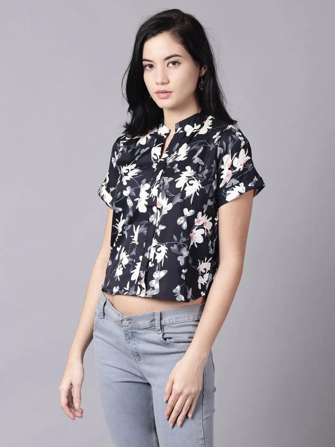 Women Navy Blue Casual Printed Mandarin Collar Top