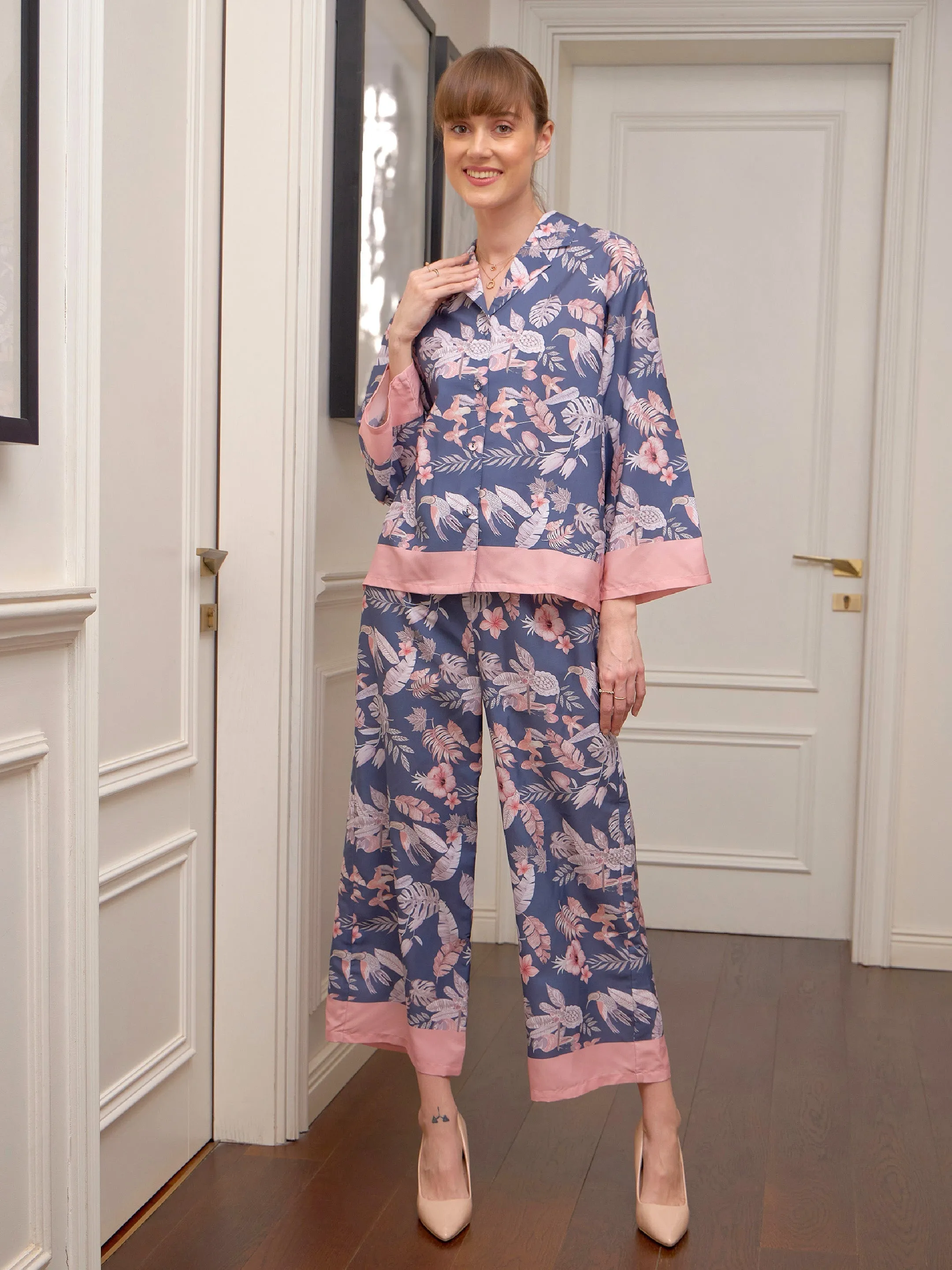 Women Navy Floral Notch Collar Shirt With Lounge Pants