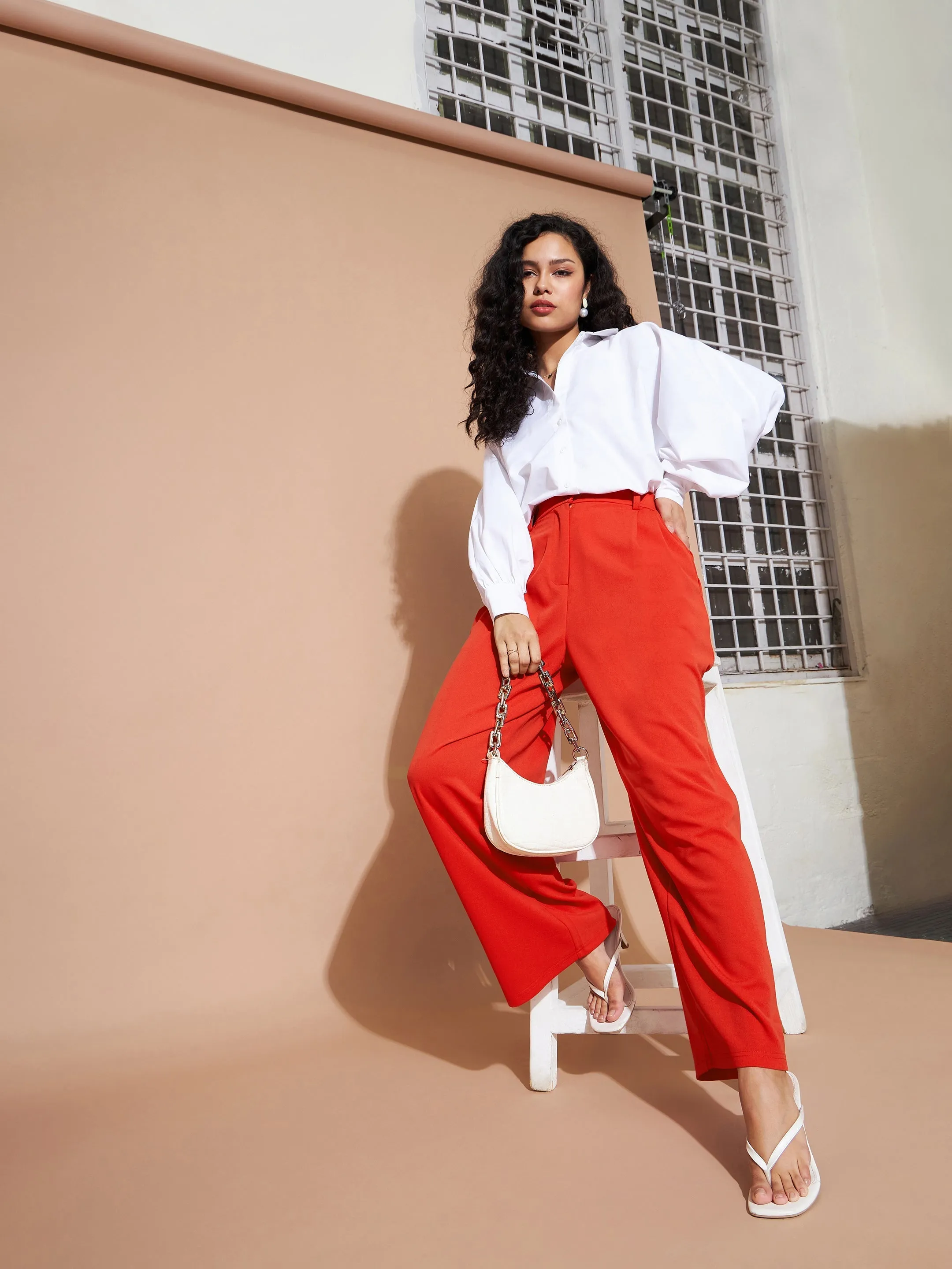 Women Orange Pleated Wide Leg Pants