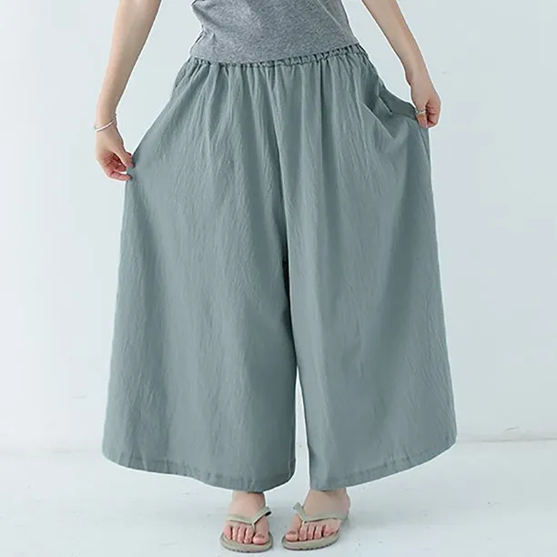 Women Pant Elastic Waist Cotton Linen Wide Leg Pants Loose Boho Style