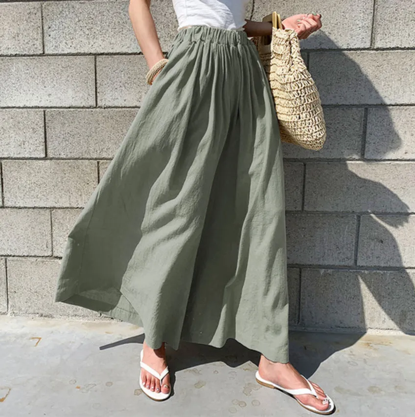 Women Pant Elastic Waist Cotton Linen Wide Leg Pants Loose Boho Style