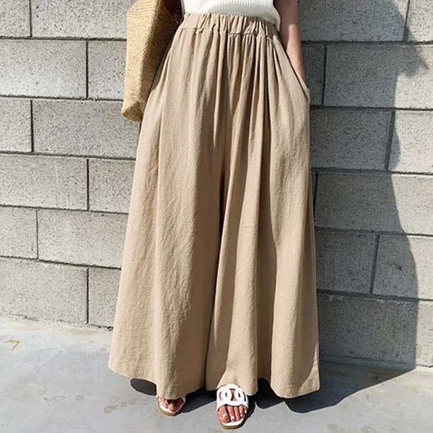 Women Pant Elastic Waist Cotton Linen Wide Leg Pants Loose Boho Style