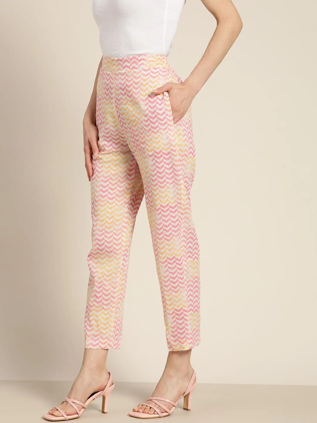 Women Pink Chevron Sustainable Straight Pants