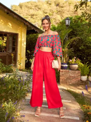 Women Red Floral Off-Shoulder Top With Straight Pants