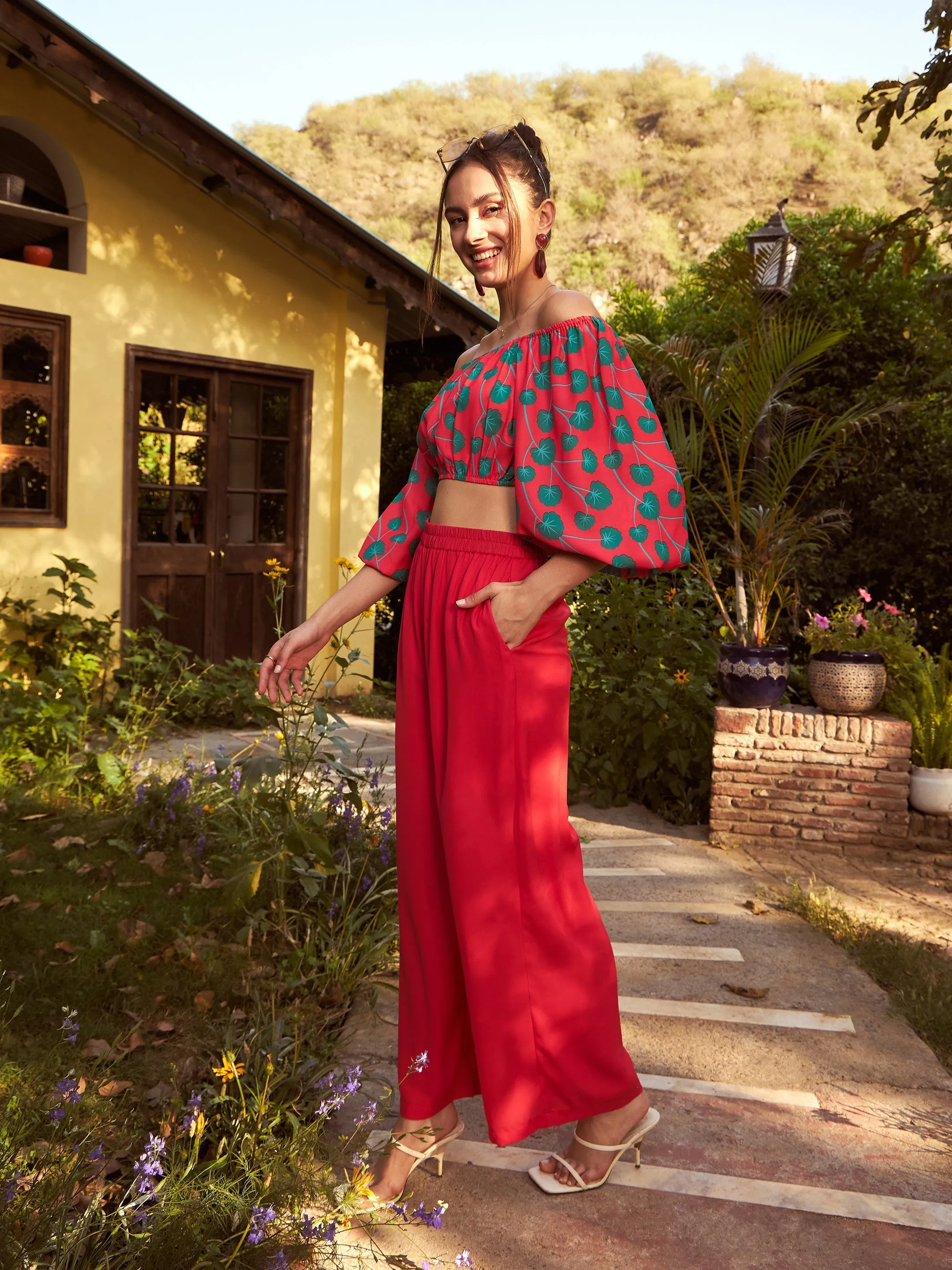 Women Red Floral Off-Shoulder Top With Straight Pants