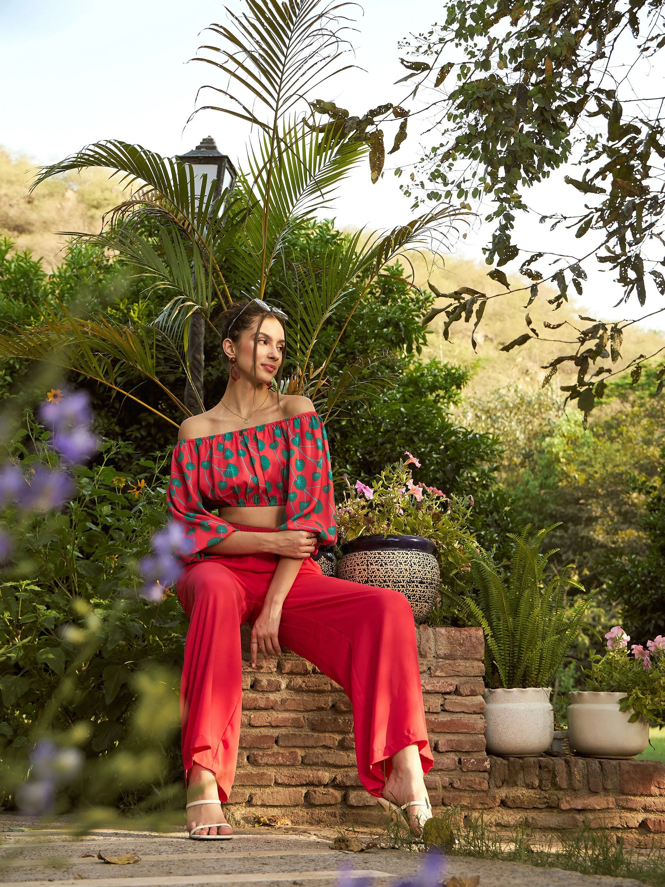 Women Red Floral Off-Shoulder Top With Straight Pants