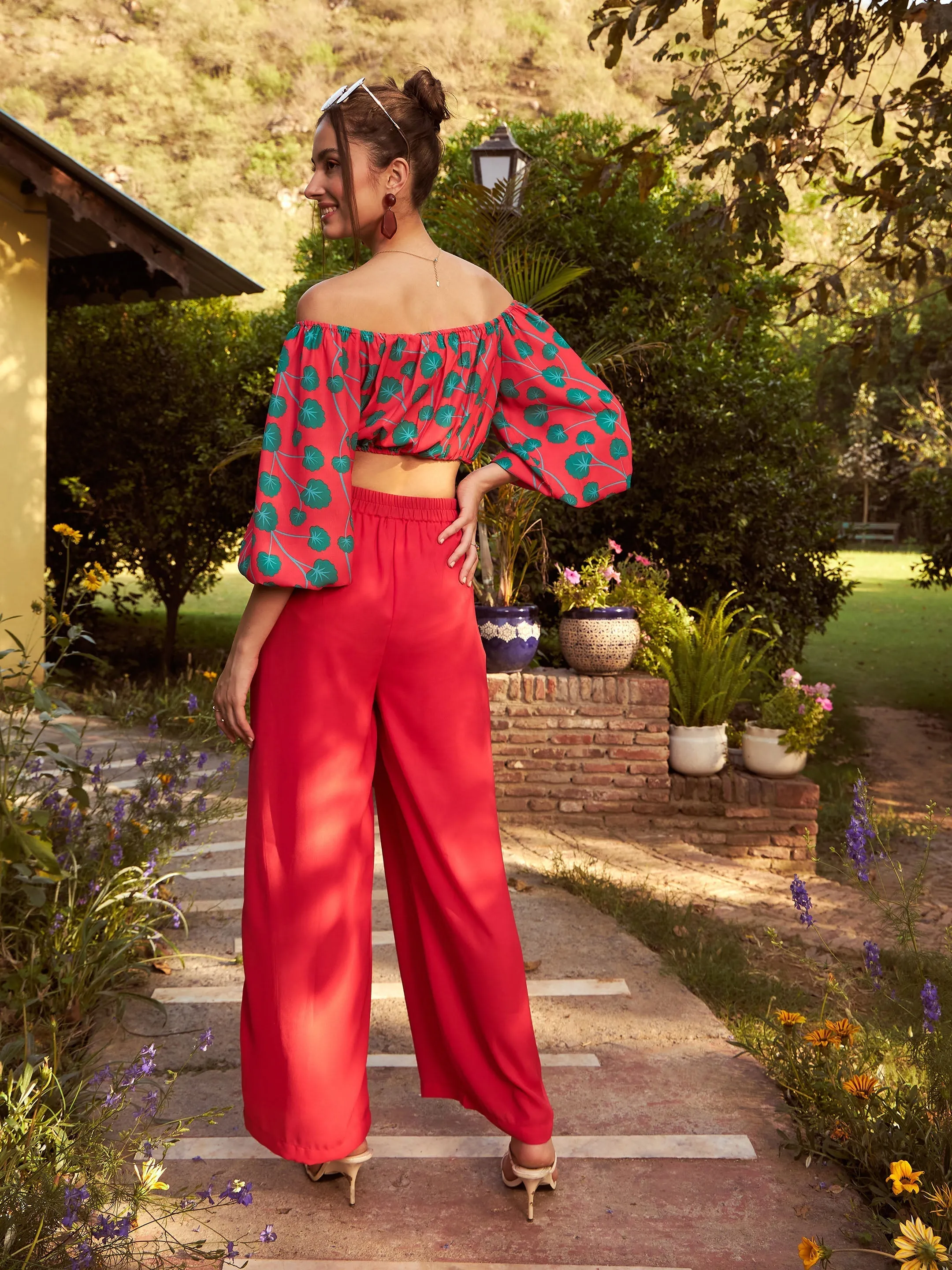 Women Red Floral Off-Shoulder Top With Straight Pants