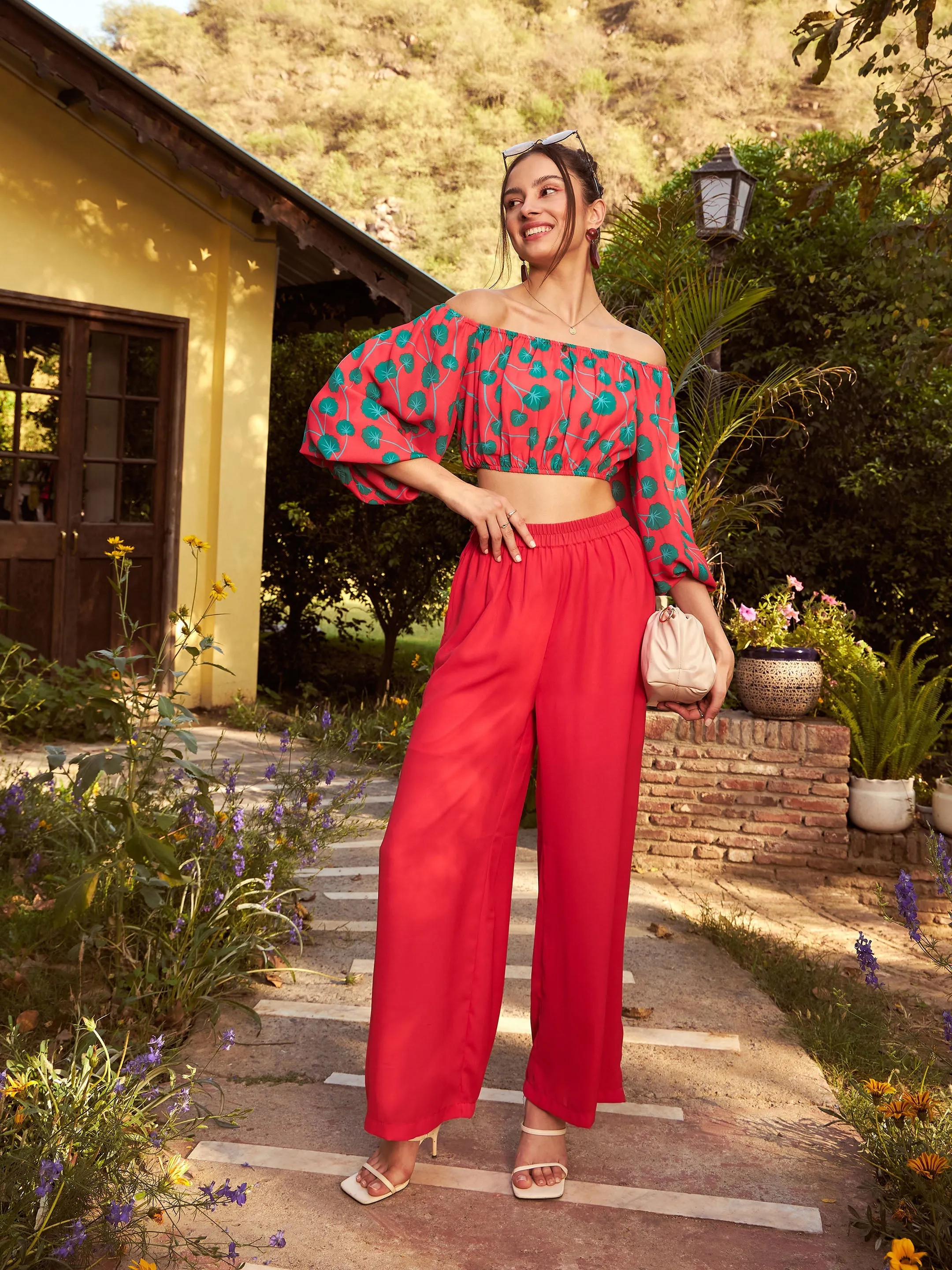 Women Red Floral Off-Shoulder Top With Straight Pants