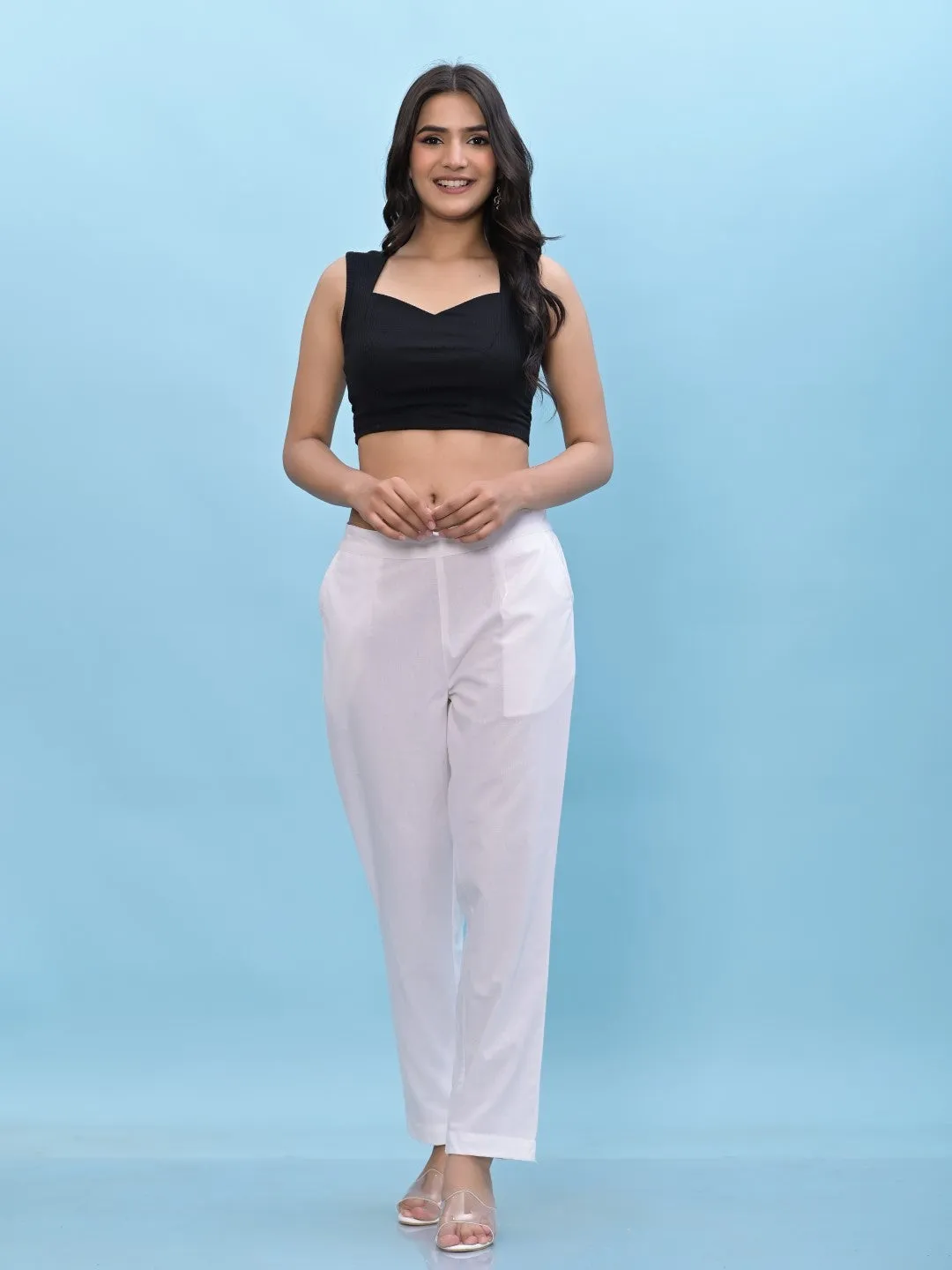 Women White Solid Cotton Pants With Partially Elasticated Waistband And Two Side Pockets