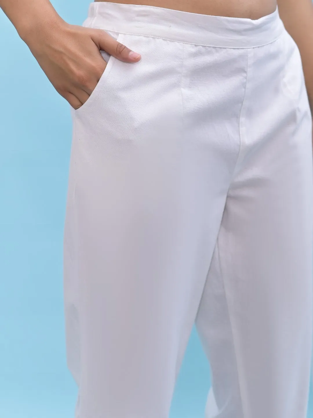 Women White Solid Cotton Pants With Partially Elasticated Waistband And Two Side Pockets