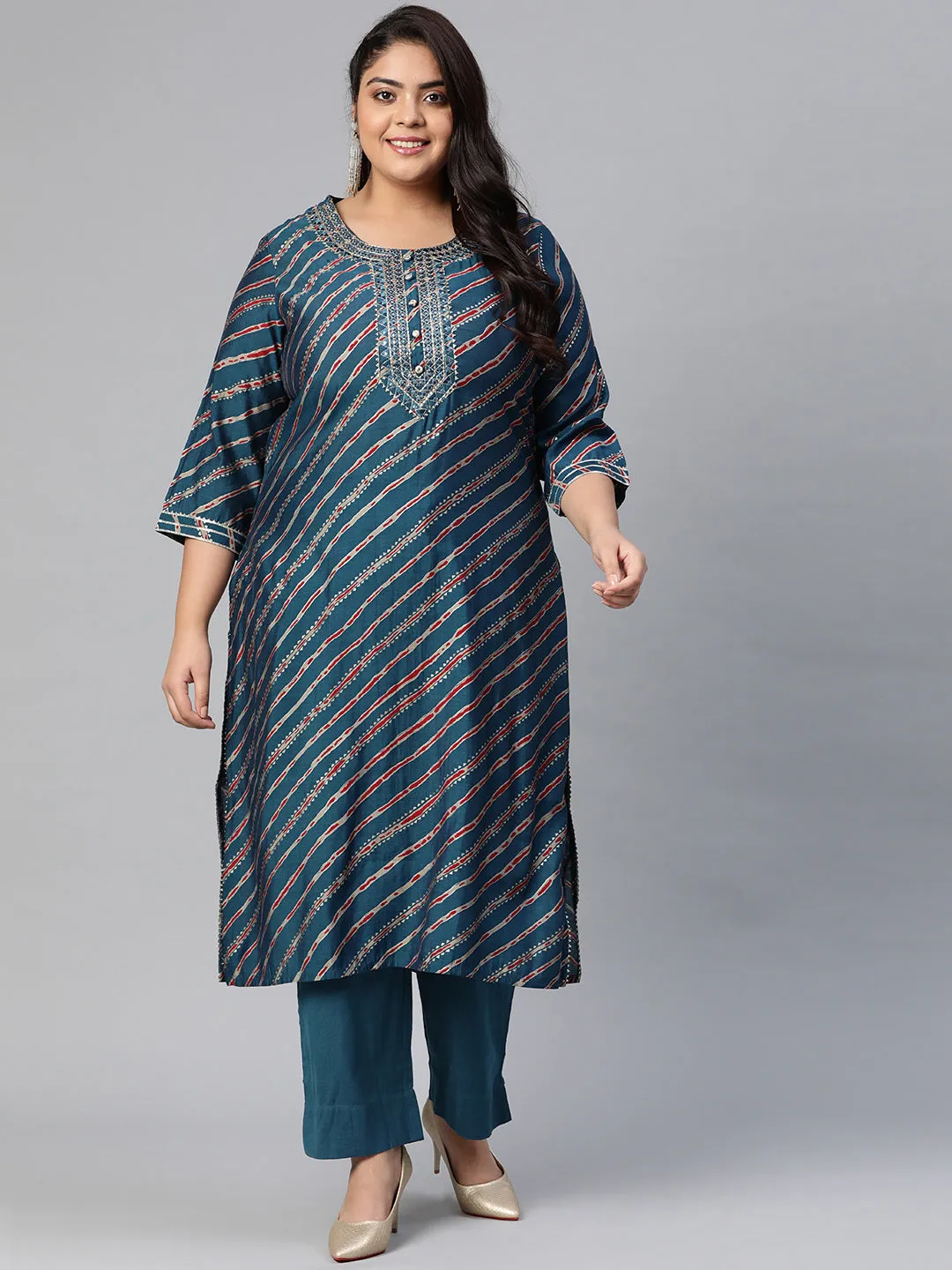 Women'S Blue Lahariya Kurta With Cotton Flex Pant Set