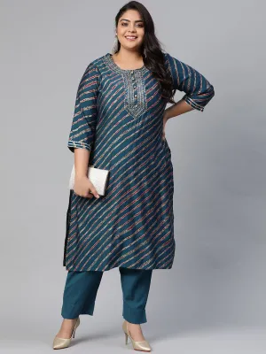 Women'S Blue Lahariya Kurta With Cotton Flex Pant Set