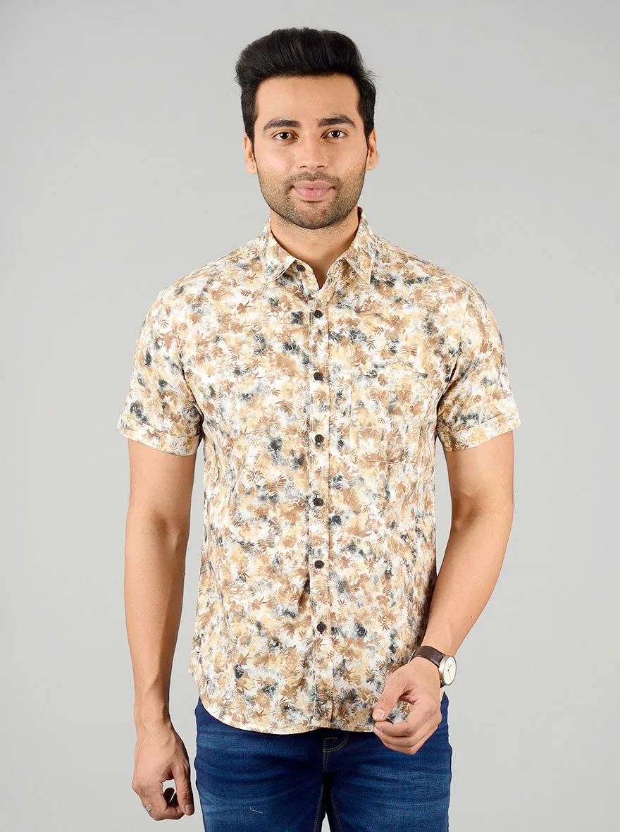 Yellow & Brown Printed Slim Fit Casual Shirt | Greenfibre